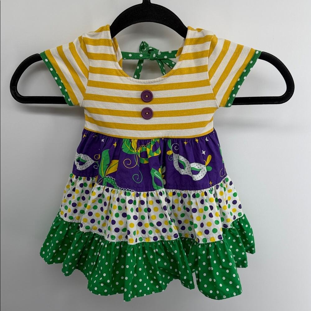 Eleanor Rose Mardi Gras print tiered short sleeve dress sz 12M